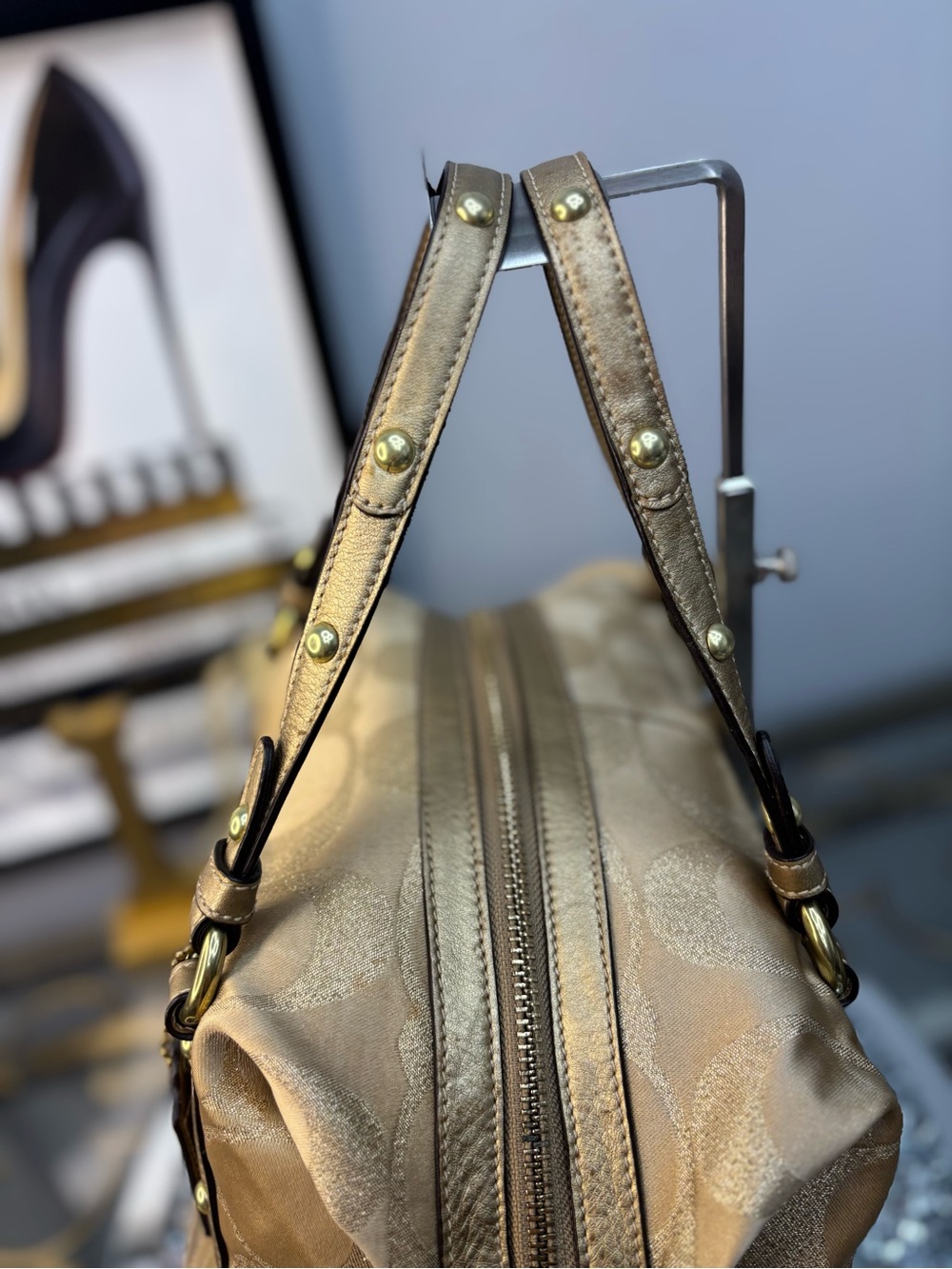 Coach 2008 Signature Stripe Studded Lurex Satchel w/matching wristlet EUC - Picture 10 of 15